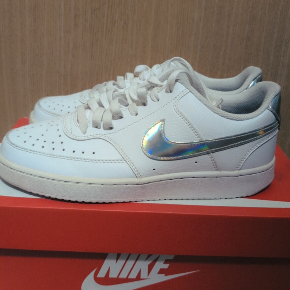 Nike Court Vision Low Sneakers White Iridescent Swoosh Women's Size
